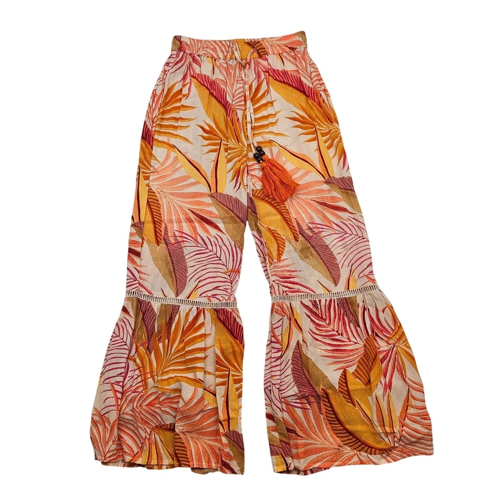 True Destinations Tropical Palm Leaf Flare Leg Boho Pants Orange Yellow XS